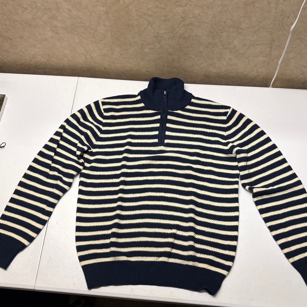 Schott Striped Waffle Weave 1/4 Zip Sweater Men's Small Navy & Cream 100% Cotton